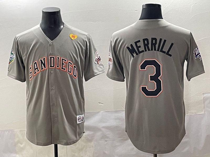 Men 2025 San Diego Padres 3 Merrill Grey Throwback Game Nike MLB Jersey style 4